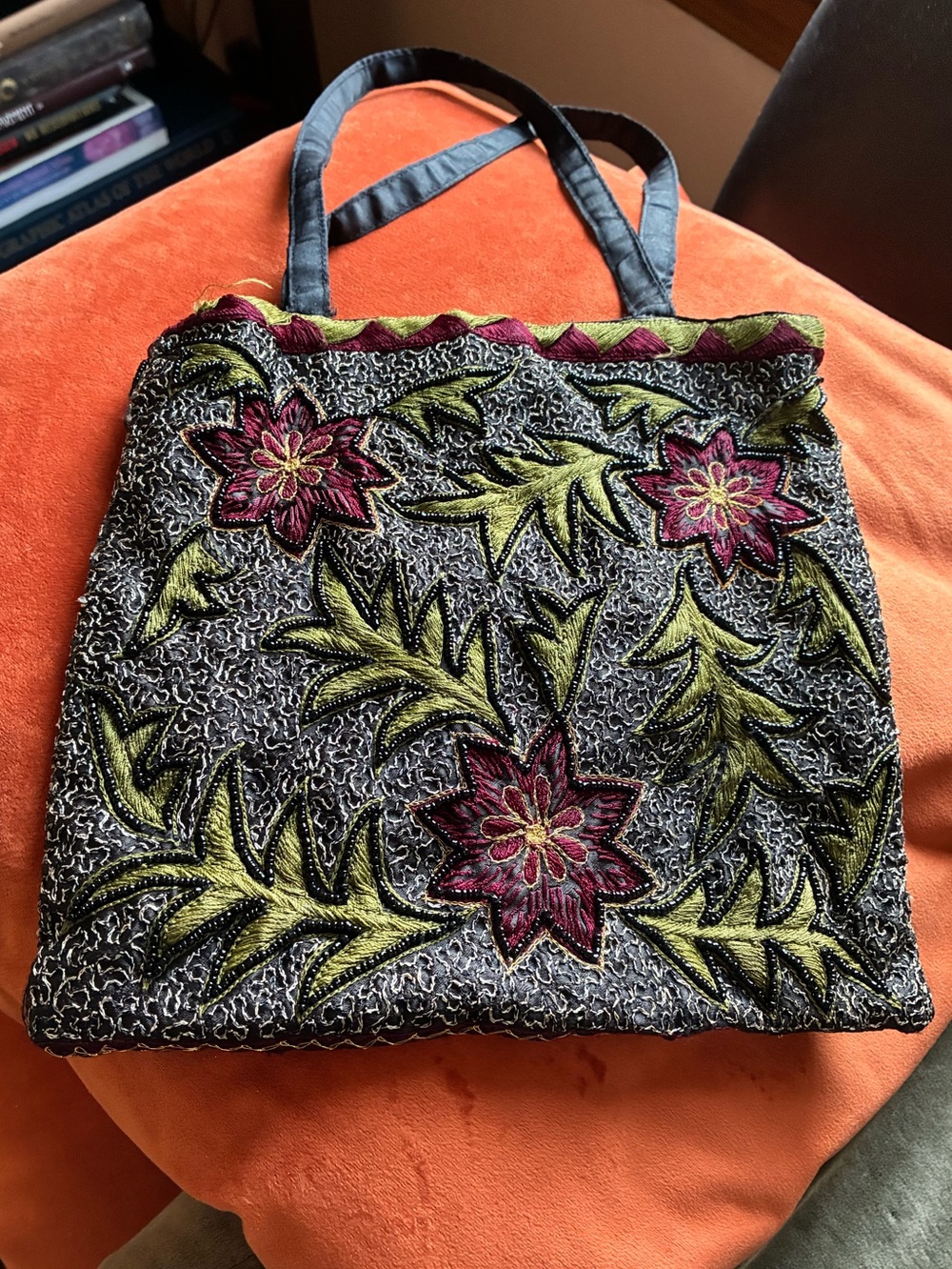 Embroidered Floral Handbag in Green and Magenta